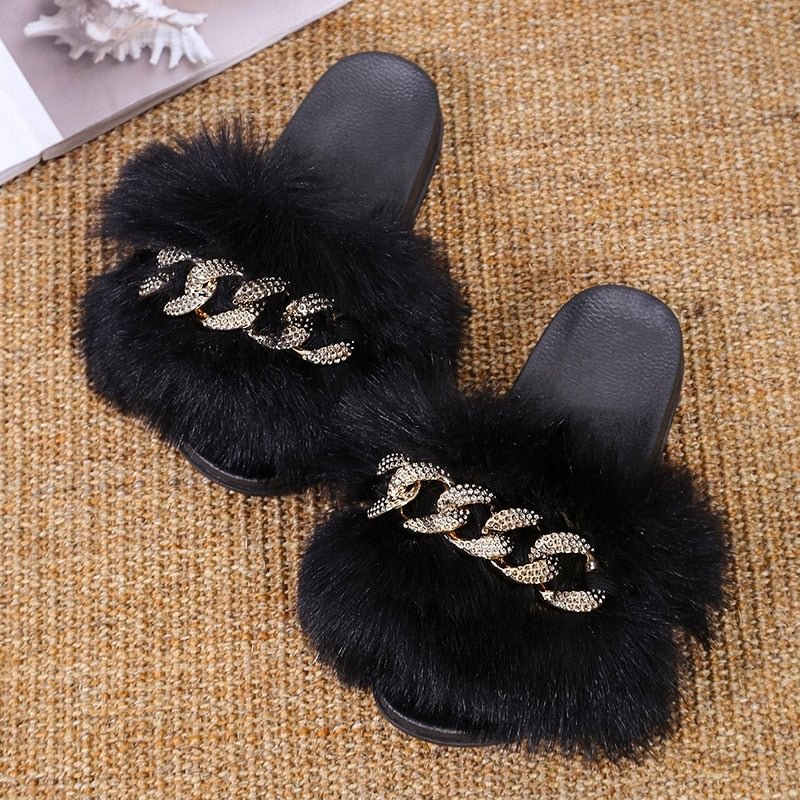 Fur Women Slippers Furry Fluffy Flip Flops Women Sandals Gold Chain Fur Slides Ladies Slippers Plus Size Shoes Women