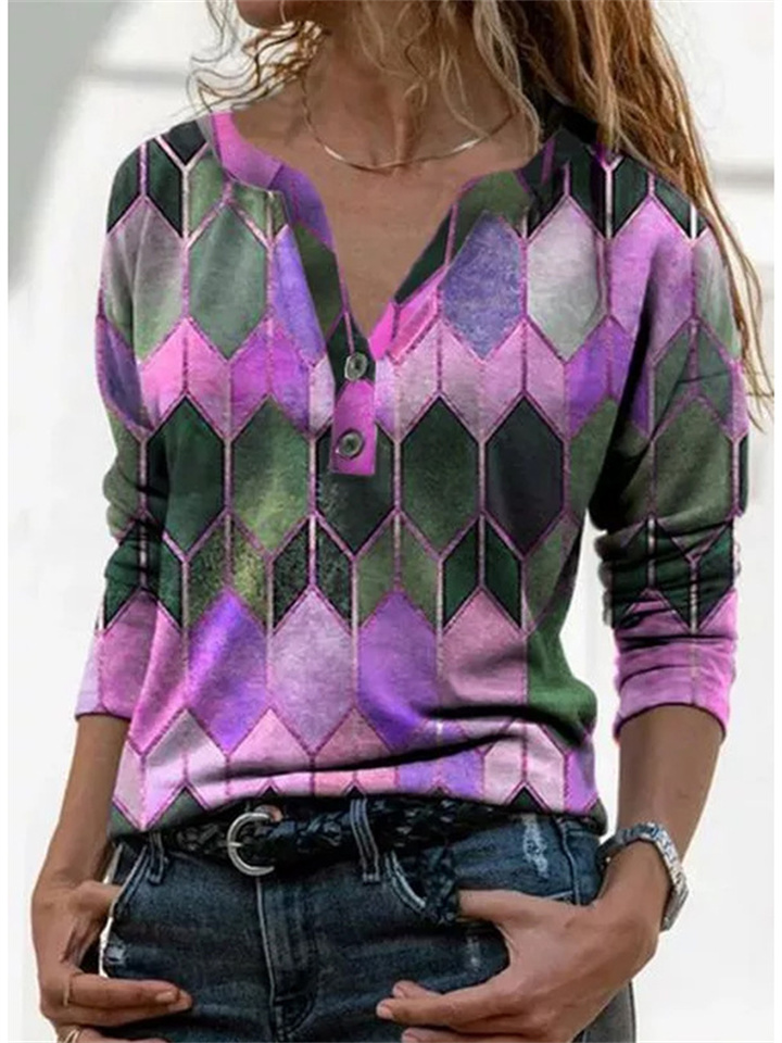 Women's New Fall and Winter Color Collision Printing V-neck Long-sleeved T-shirt Bottoming Shirt Women's Clothing