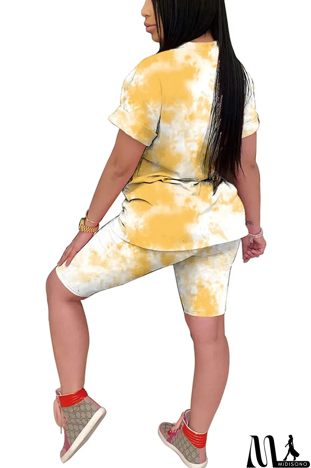MidiSono - Light yellow Polyester Fashion Casual Print Gradient Two Piece Suits pencil Short Sleeve Two Pieces