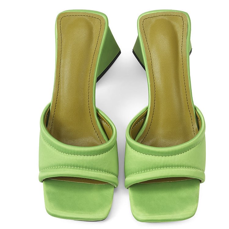 Triangle Heel Open Toe Green Silk Heeled Sandals