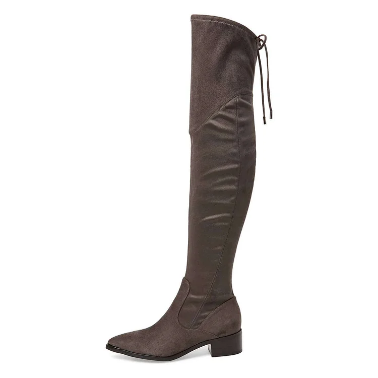 Brown Suede Thigh-high Pointy Toe Chunky Heel Boots Vdcoo