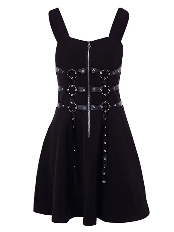 Black Gothic Dress Buttons Zipper Metal Details Square Neck Sleeveless Bodycon Retro Dress Novameme