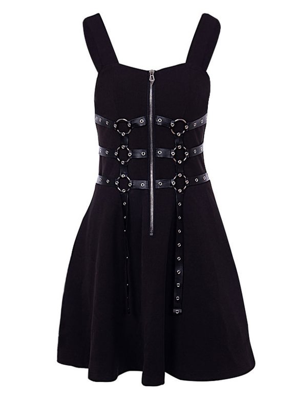 Black Gothic Dress Buttons Zipper Metal Details Square Neck Sleeveless Bodycon Retro Dress Novameme