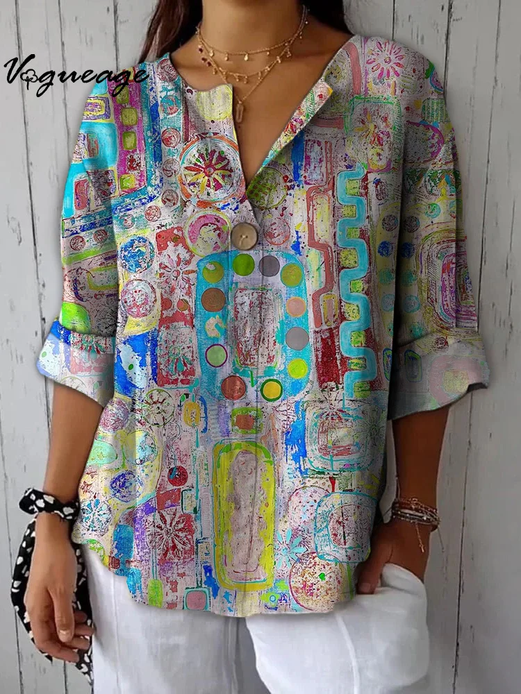 Gentle And Creative Color Painting Patterns Printed Cotton And Linen Shirt