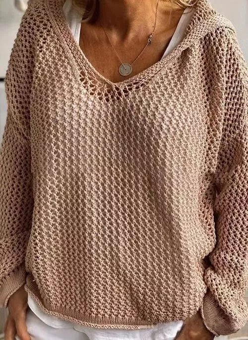 Hooded Solid Sweater Hollow Out Shift Knit Tops