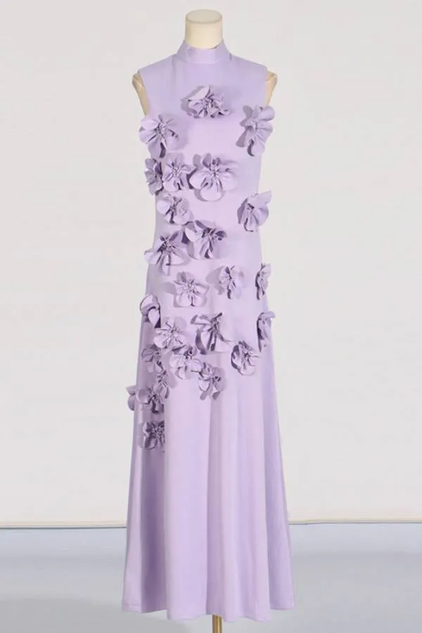 3D Flower High Neck Sleeveless Long Dress