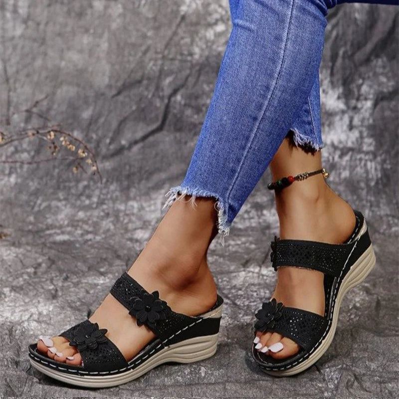 Sursell Sandals Women Casual Shoes Vintage Flower Fish Mouth Sandals