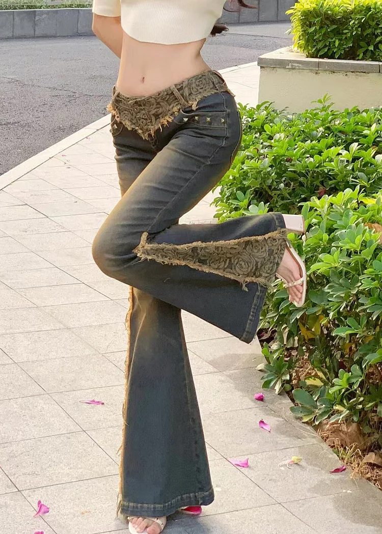 Vintage Low Waist Patchwork Lace Denim Flared Trousers Spring