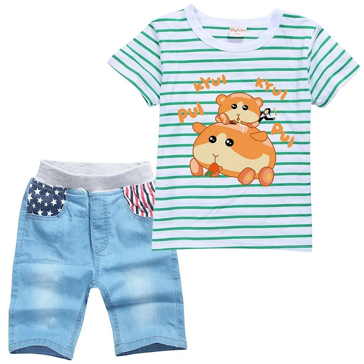 Boys Striped Guinea Pigs Pui Pui Print Girls T Shirt Denim Shorts Sets-Mayoulove