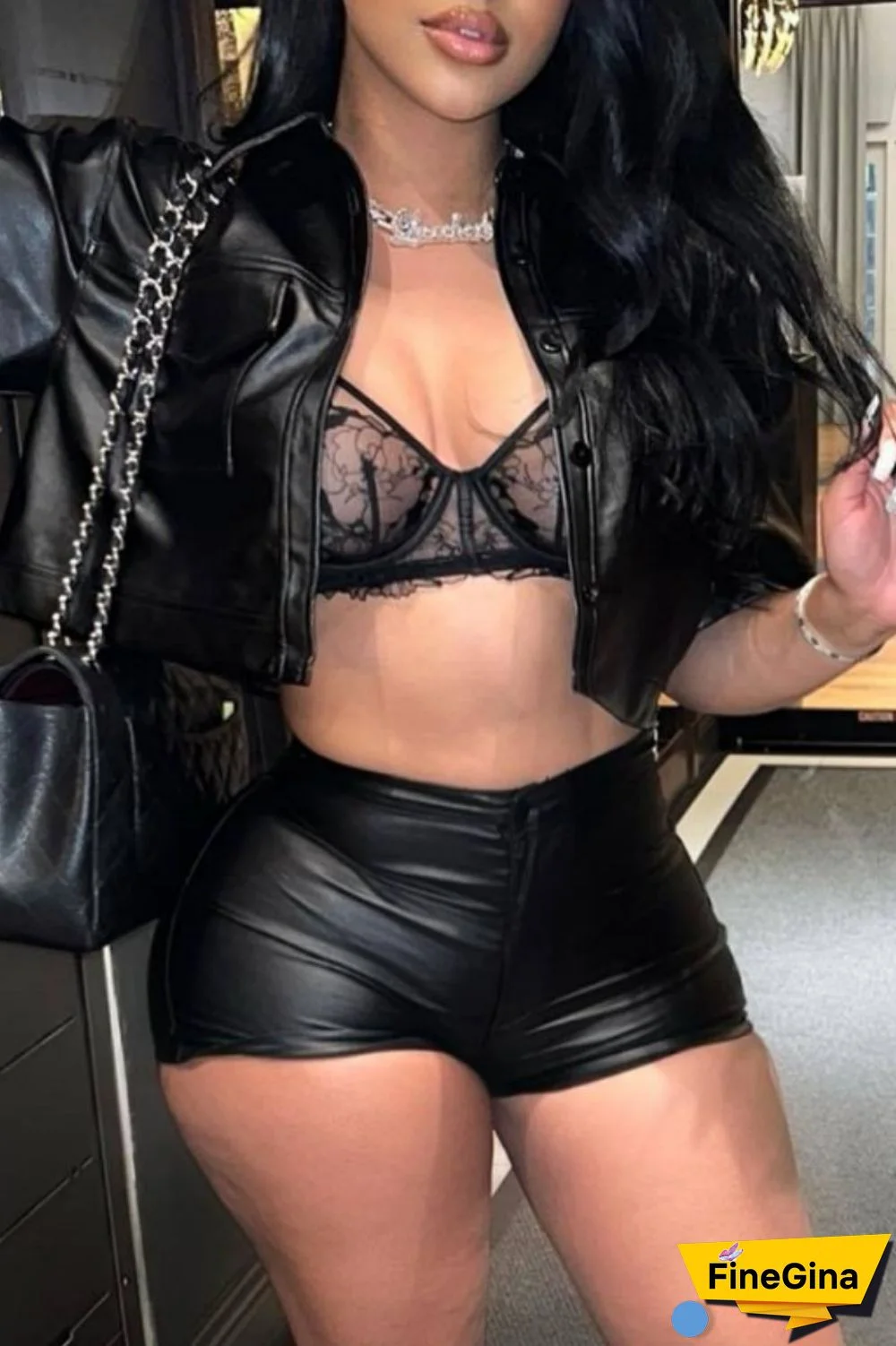 Black Sexy Casual Solid Basic Turndown Collar Short Sleeve Two Pieces
