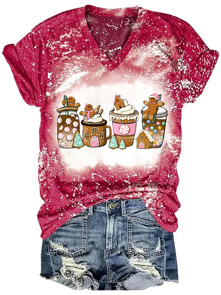 Gingerbread Coffee Christmas Tie Dye V-neck T-shirt