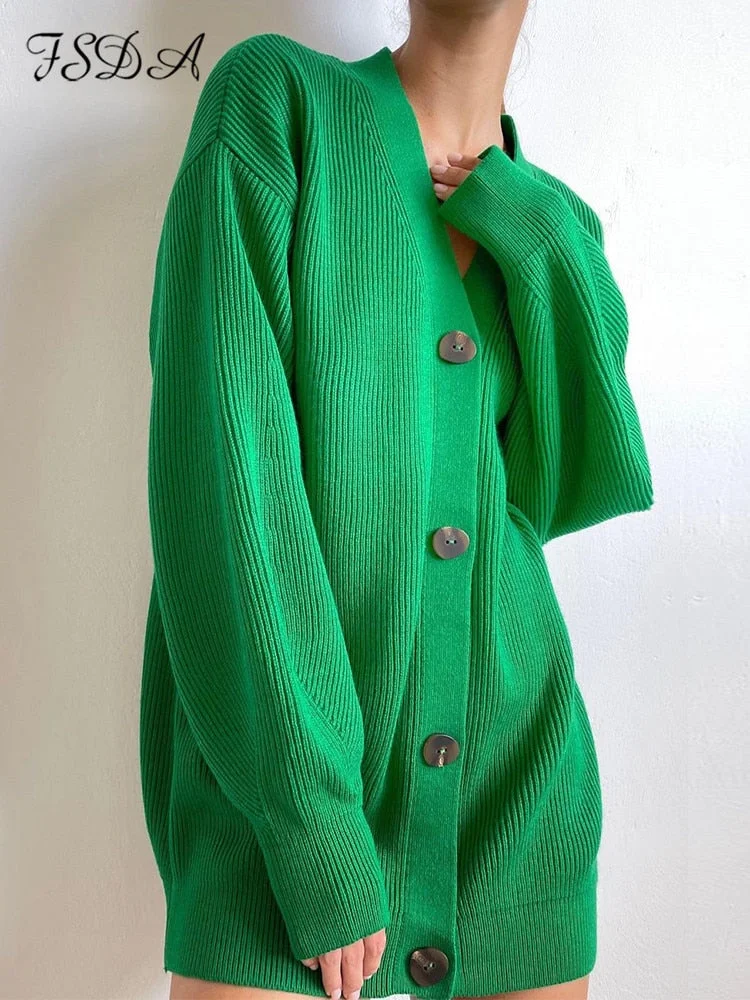 2022 Autumn Winter Green Cardigan Oversized Women Long Sleeve Button Casual Loose Knitted Sweater Fashion