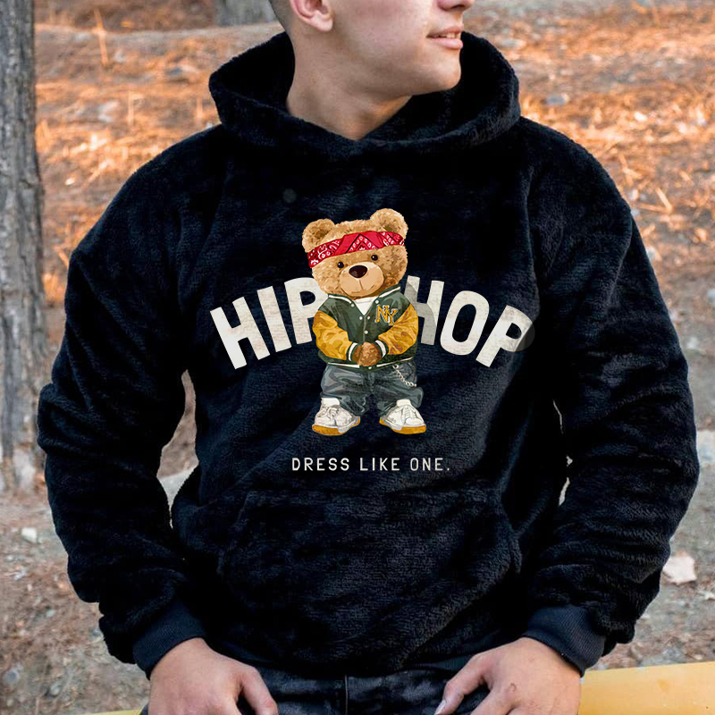 Men's Bear Graphic Plush Warm Hooded Sweatshirt / [blueesa] /