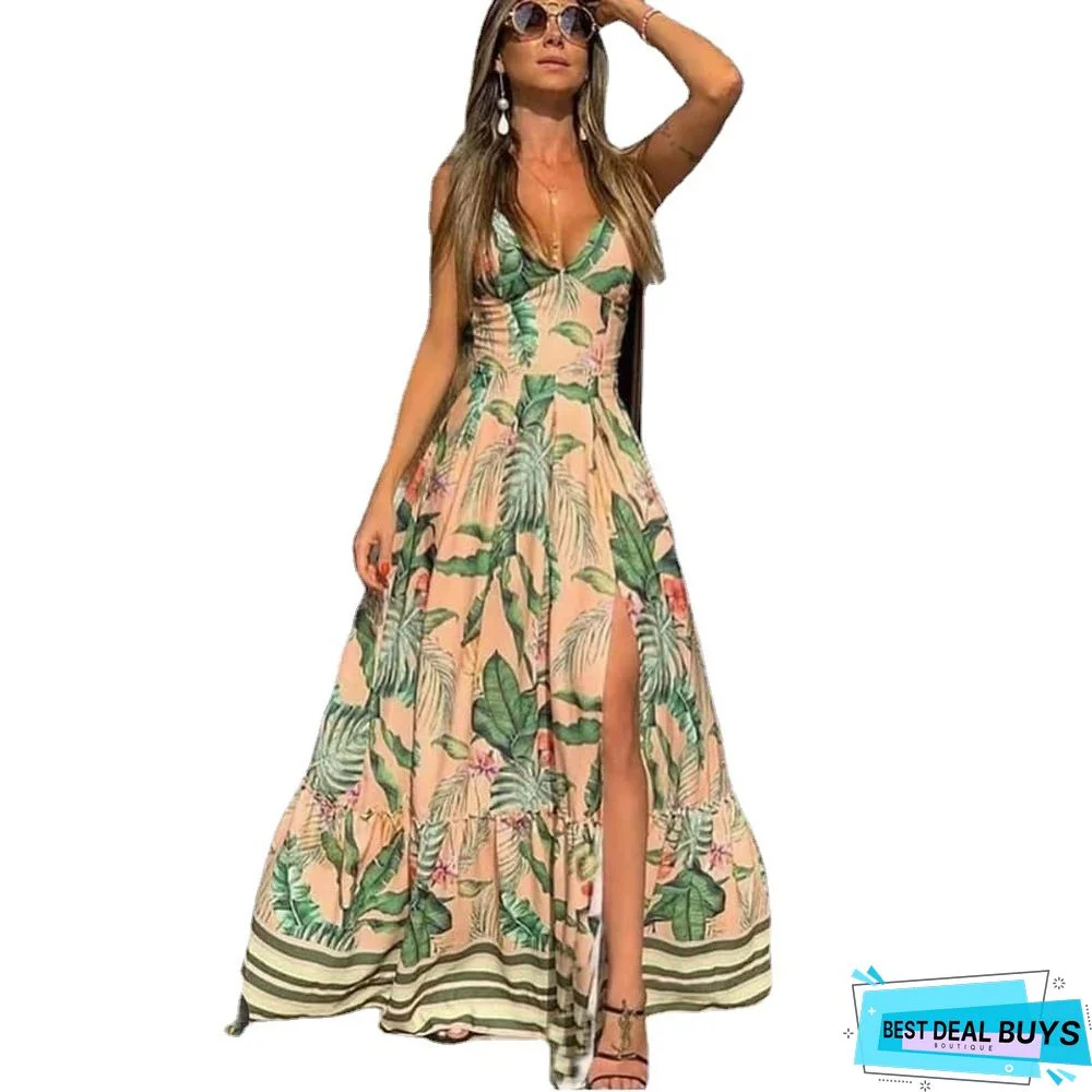 Deep V Suspender Printed Leaf Dress