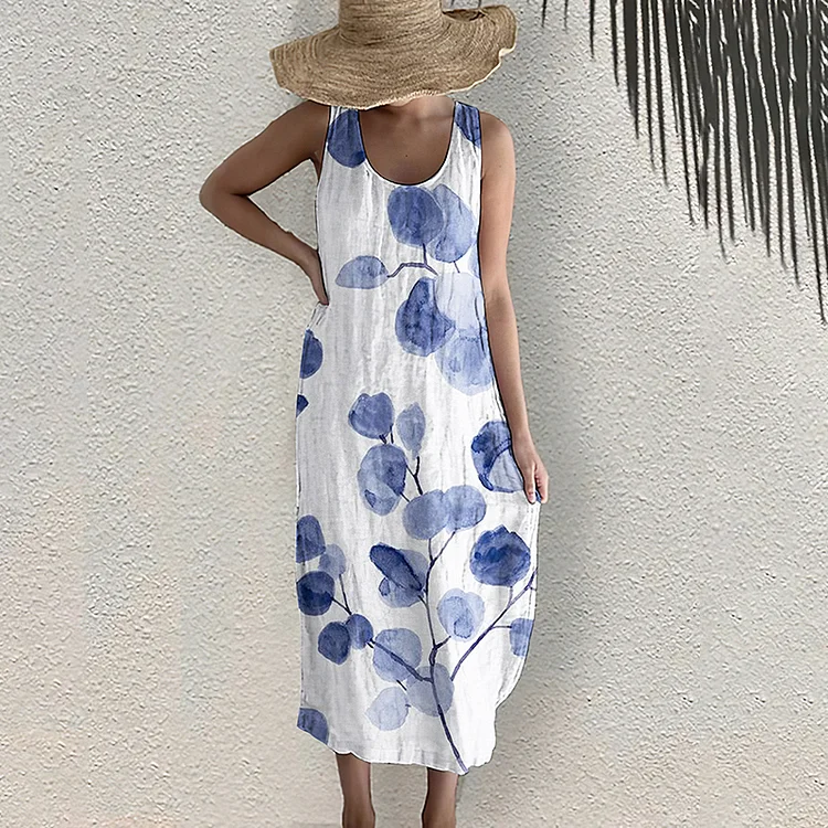 Comstylish Flower Print Sleeveless Linen Blend Midi Dress