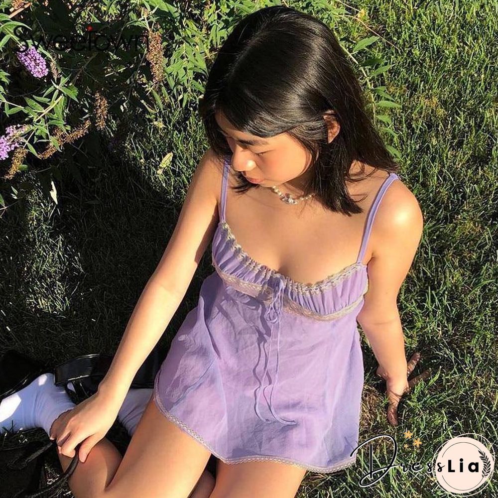 Sweetown Aesthetic Purple Party Dress Women Lace Chiffon Cute Sleeveless Sexy Mini Dresses Lace Up Kawaii E Girl Clothes