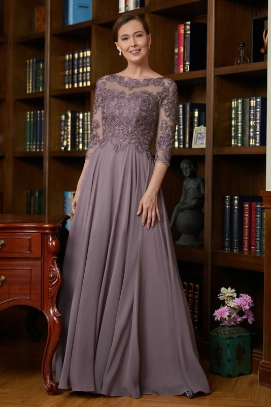 Daisda Scoop 3/4 Sleeves Long A-Line Embroidery Mother Of The Bride Dress With Chiffon