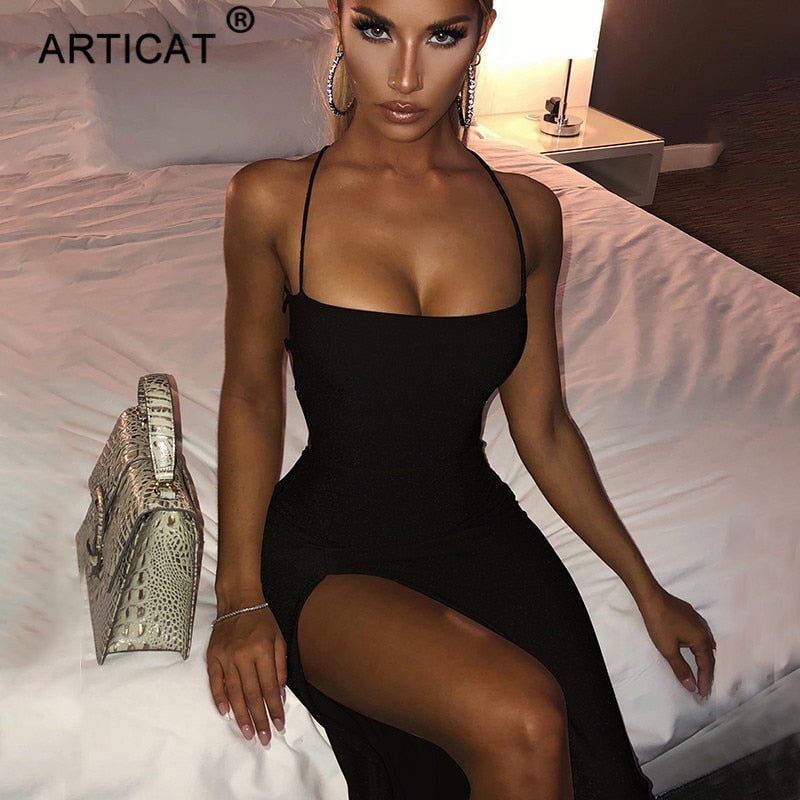 Articat Long Backless Maxi Dress Women Spaghetti Strap High Split Bodycon Bandage Summer Dress Elegant Slim Party Dress Vestidos
