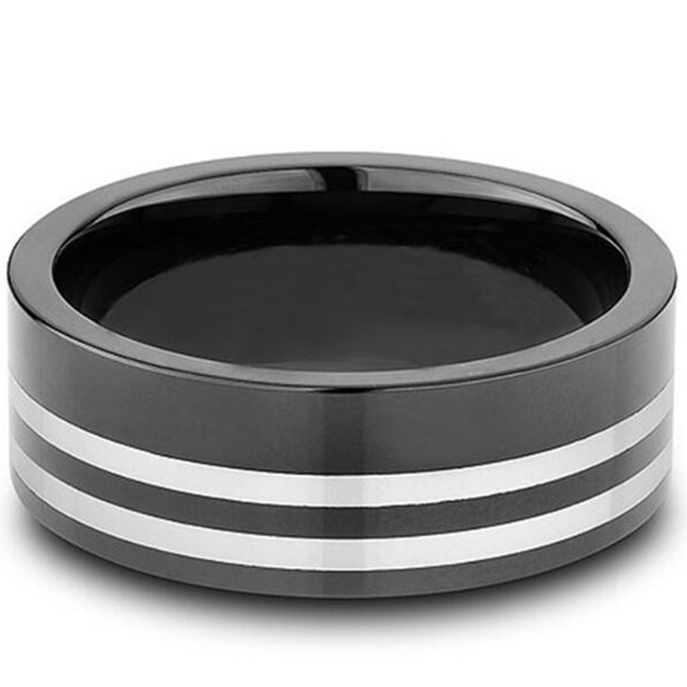 8MM Mens Plated Black Tungsten Ring Silver Stripes