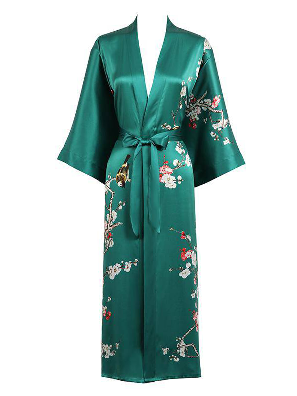 Flower And Bird Printed Silk Kimono Robe REAL SILK LIFE
