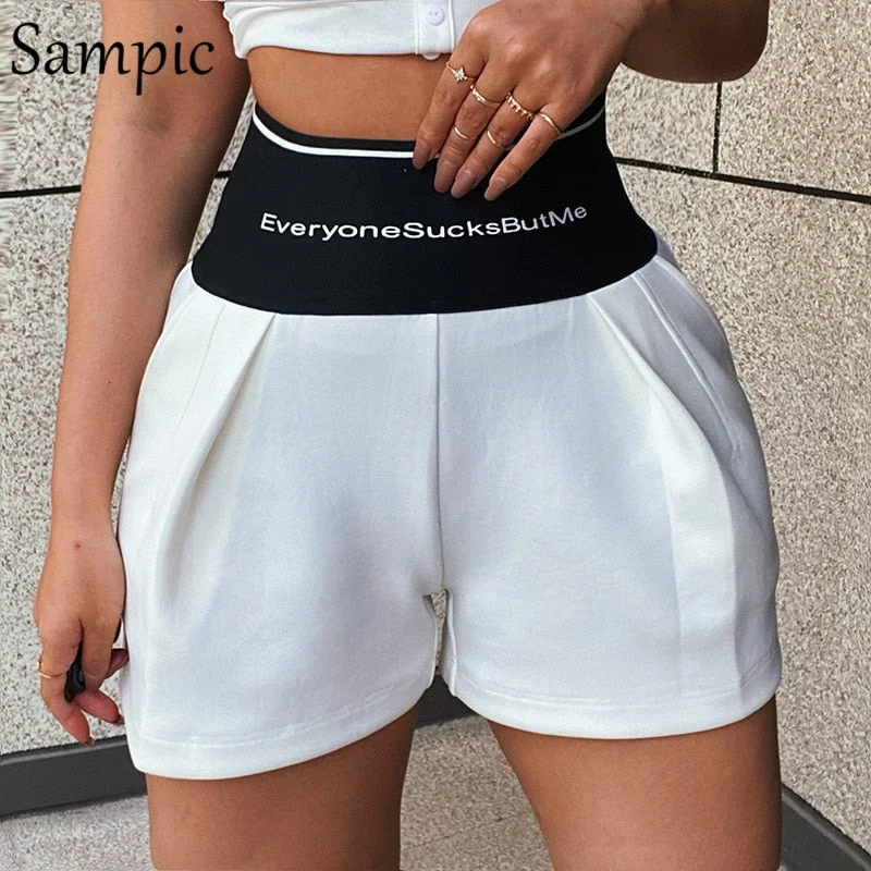 Sampic Fashion Korean Style Women Letter Print Sport Casual High Waisted Mini Biker Shorts 2021 Summer Sexy Skinny Black Shorts