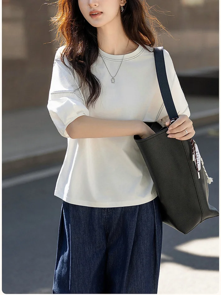 Athvotar Athvotar Collar Seven-Sleeved T-Shirt Girl 2025 Summer New Relaxed Leisure Age Cut Lantern Sleeve Top