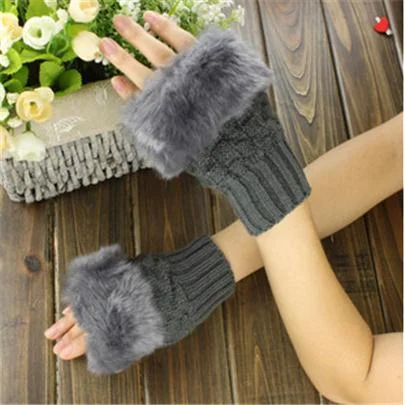 CUHAKCI Half Finger Woolen Winter Gloves Women Knitted Warm Mittens Long Imitation Rabbit Hair Lovely Fur Patchwork