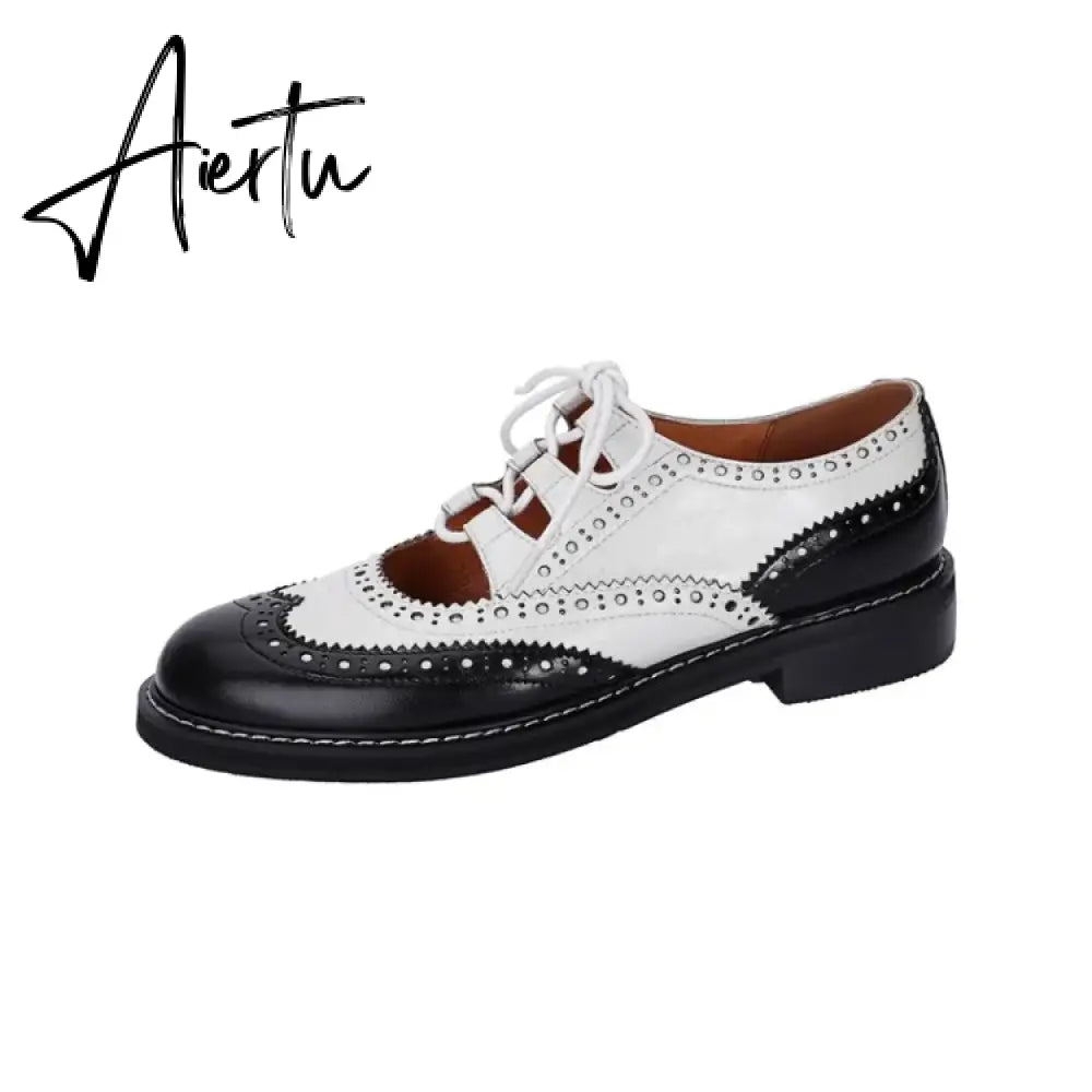 Aiertu Shoes Women Split leather Shoes for Women Spring/Autumn Women Loafers Summer Brogues Vintage Lace-up Shoes Women Pumps Aiertu