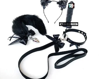 pornhint Pornhint Sexy Black Kitty set. Kitten Play. Bdsm Sexy Kitten Costume. Faux Fur Anal Tail, Collar with Leash, Cat Ears and XXXL Penis soap. Ddlg.