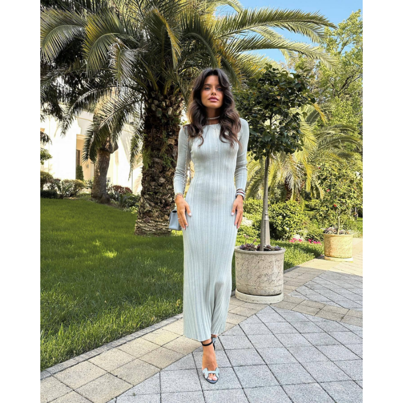Ootddress Long Sleeve Slim Knit Maxi Dress For Women High Waist Casual Fashion Elegant Party Dress Skinny Summer Female Dress 2025