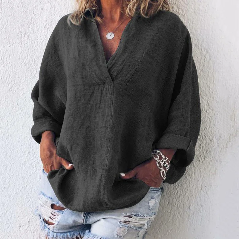 Ladies V-neck Cotton Solid Color Long-sleeved Blouse Linen