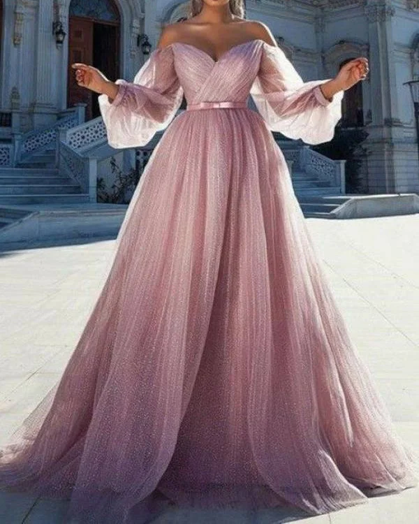 Women's Elegant Fashion Light Pink Tulle Tube Top Lantern Sleeve Wedding Party Long Dress S-XL