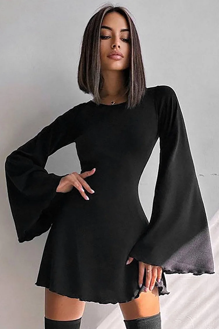 Knit Ruffled Trim Bell Sleeve Lace Up Backless A-Line Mini Dresses-Black