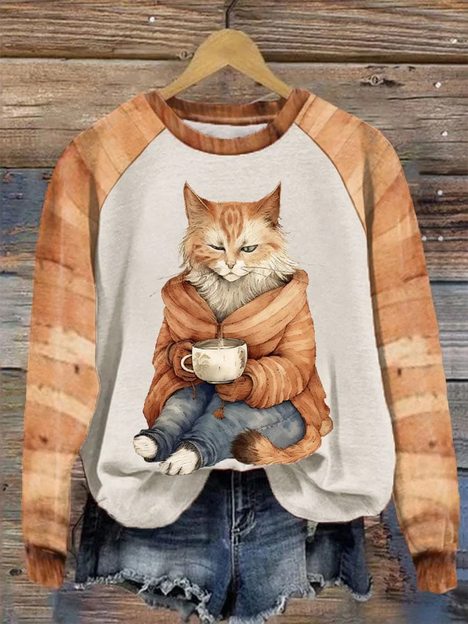 Women's Winter Funny Cute Wonderland Clothing Cat Striped Print Sweatshirt