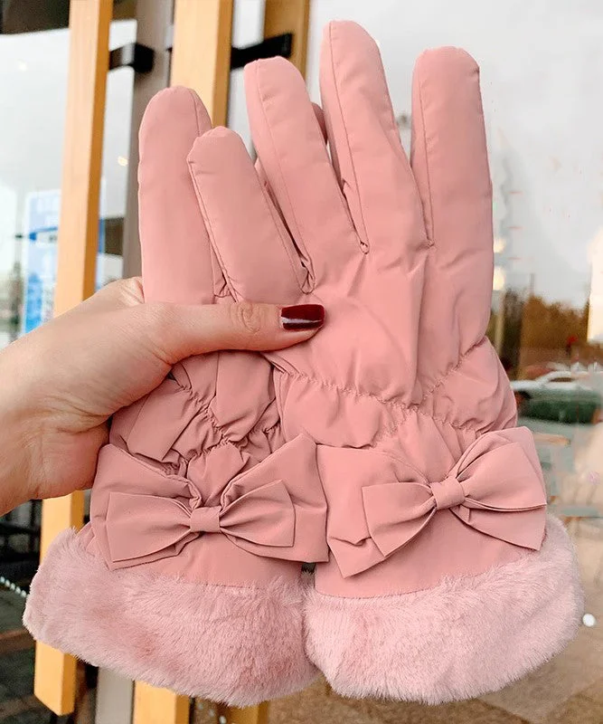 Winter Pink Thickened And Plush Warm Bow Gloves