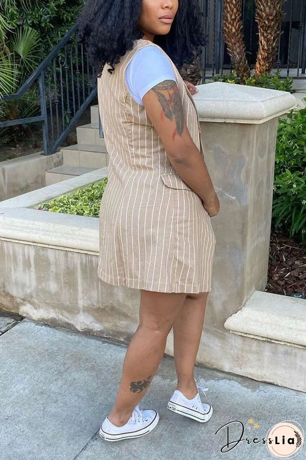 Casual Stripe Print Vest Jacket Shorts Set