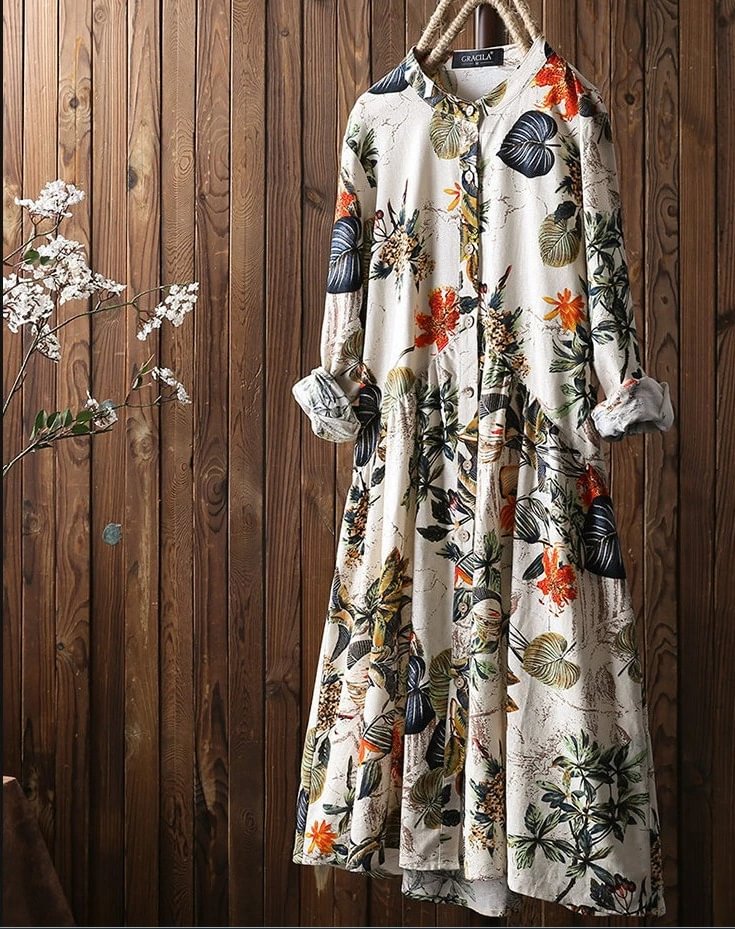 Fashion Flower Print Round Neck Long Sleeve Casual Maxi Dress | EGEMISS