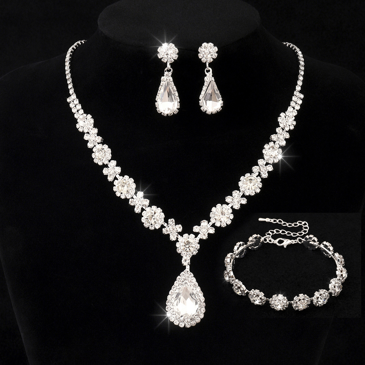 Banquet White Water Droplet Rhinestone Necklace Earrings Bracelet Three Piece Jewelry Set 2024 - Flycurvy 
