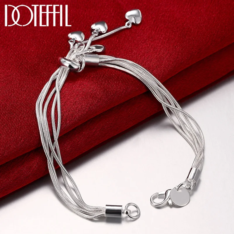 DOTEFFIL 925 Sterling Silver Five Heart Snake Chain Bracelet For Women Jewelry