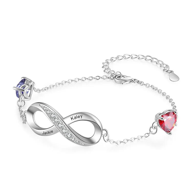 Personalized Infinity Bracelet with 2 Heart Birthstones Bracelet for Mom