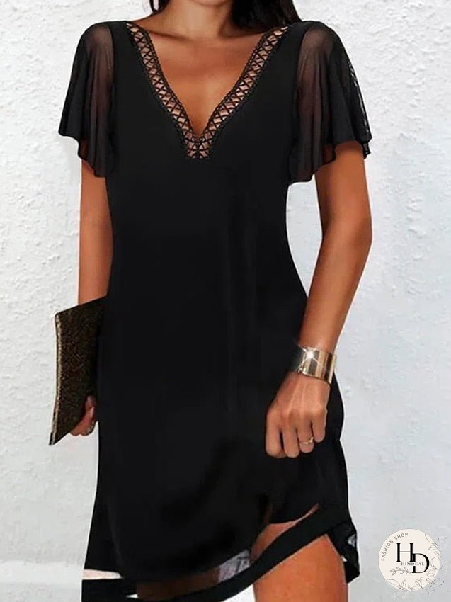 Casual Dress Lace Dress Mini Dress Black Short Sleeve Pure Color Hollow Out Summer Spring V Neck Modern S M L XL 2XL 3XL for Women