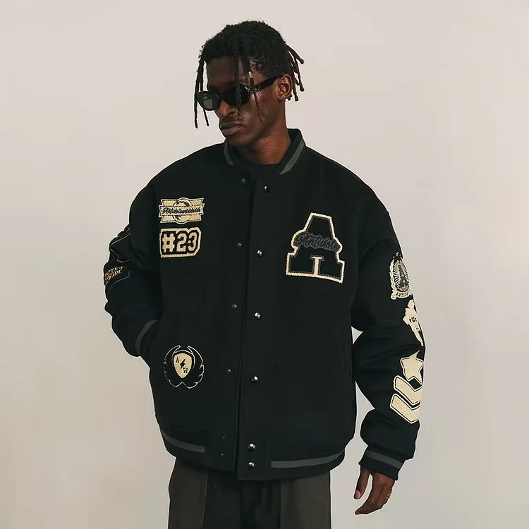 High Street Baseball Uniform Embroidered Jacket Loose Hip Hop Jacket at Hiphopee