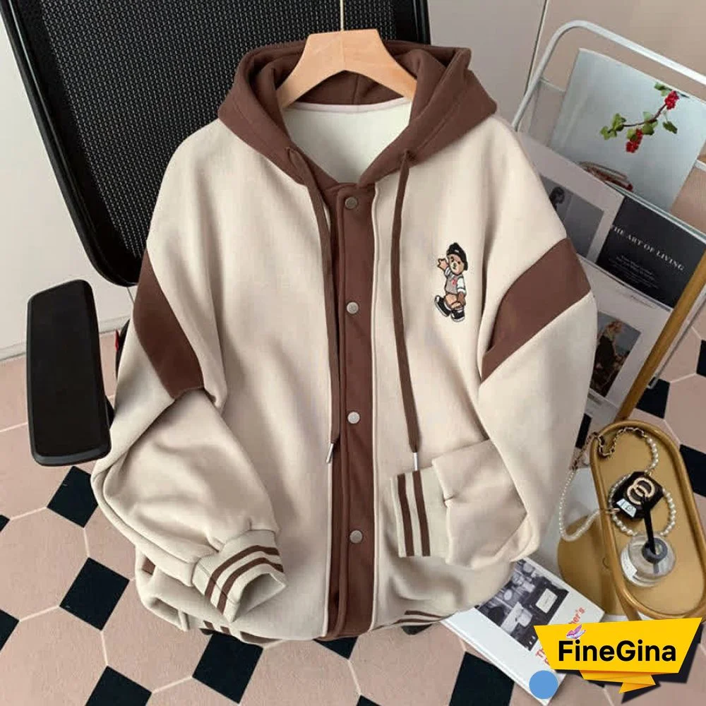 Cartoon Bear Embroidery Colorblock Loose Hooded Sweatshirt