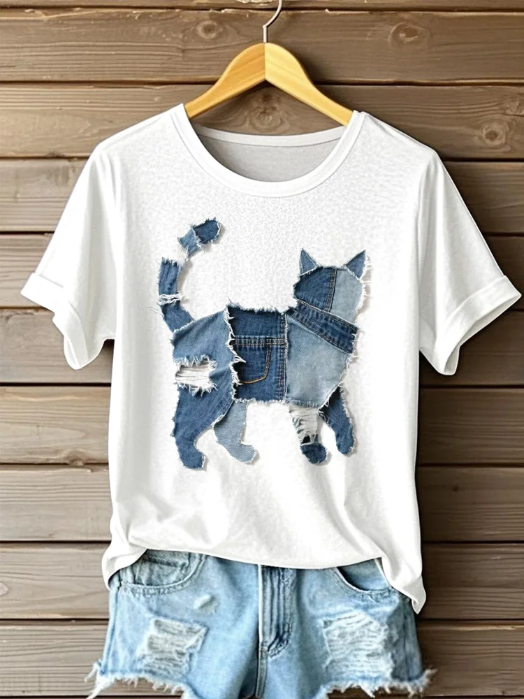 Women's Cute Cat Denim Patchwork Art T-shirt