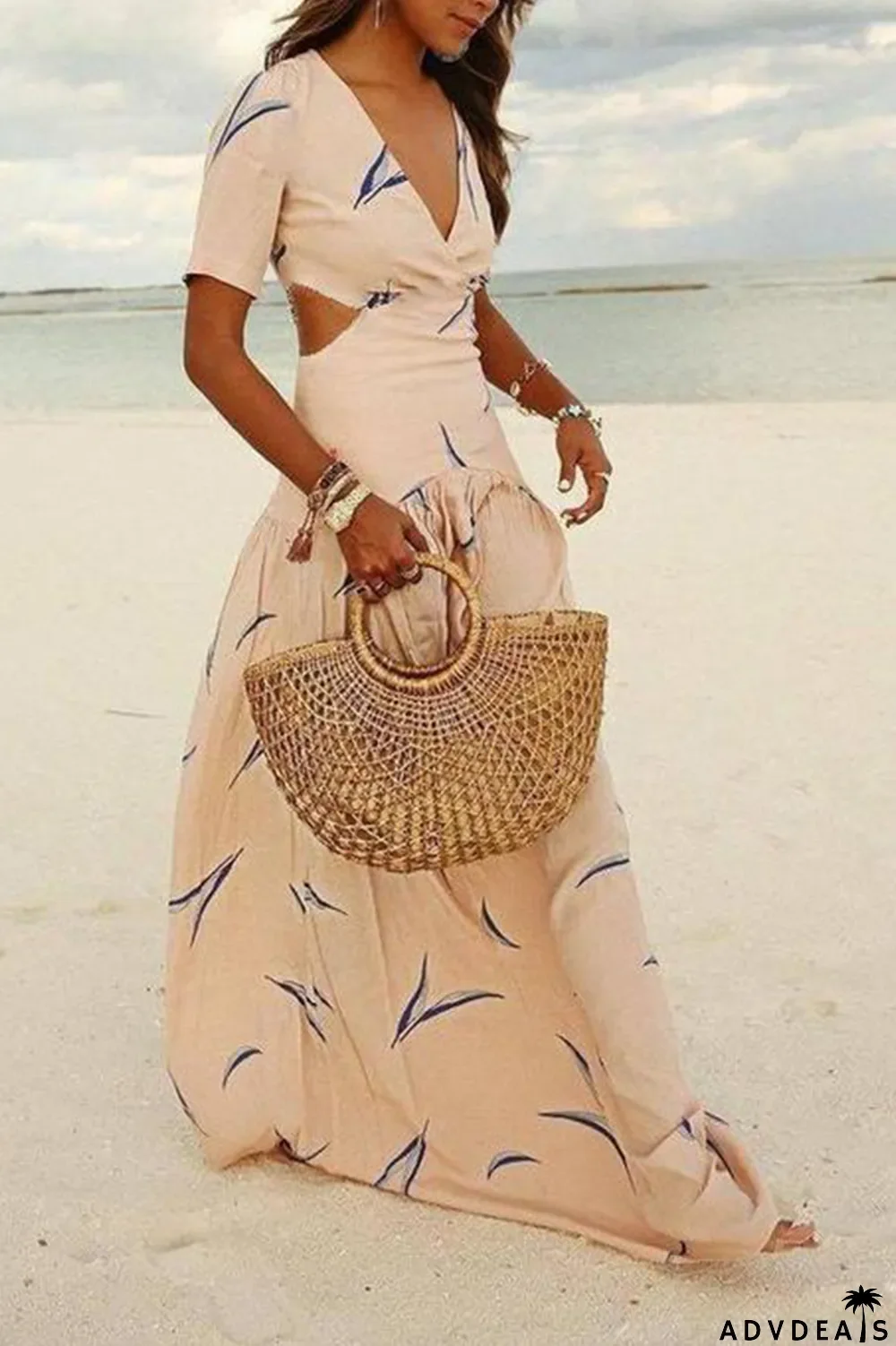 Vacation Print Hollowed Out V Neck A Line Maxi Dresses