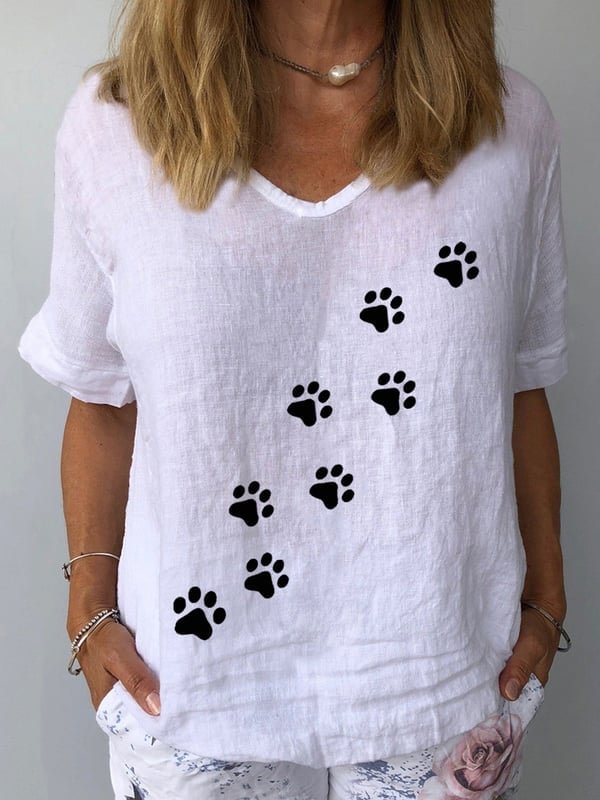 Women's Dog Paw Print Casual Cotton T-Shirt