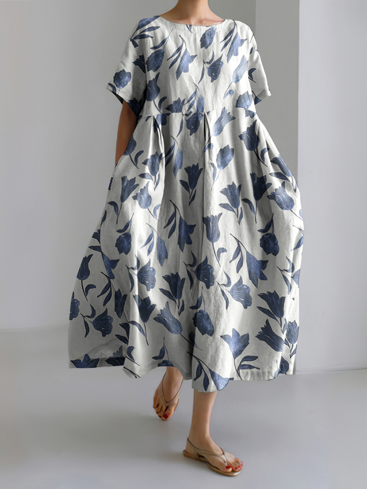 Comstylish Vintage Floral Print Round Neck Short Sleeve Midi Dress