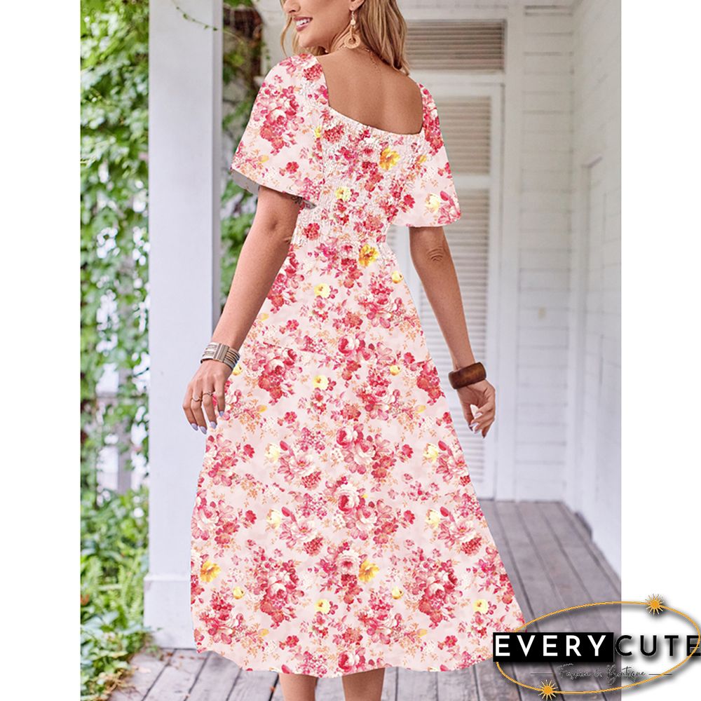 Light Pink Puff Sleeves Back Pleated Floral Dress