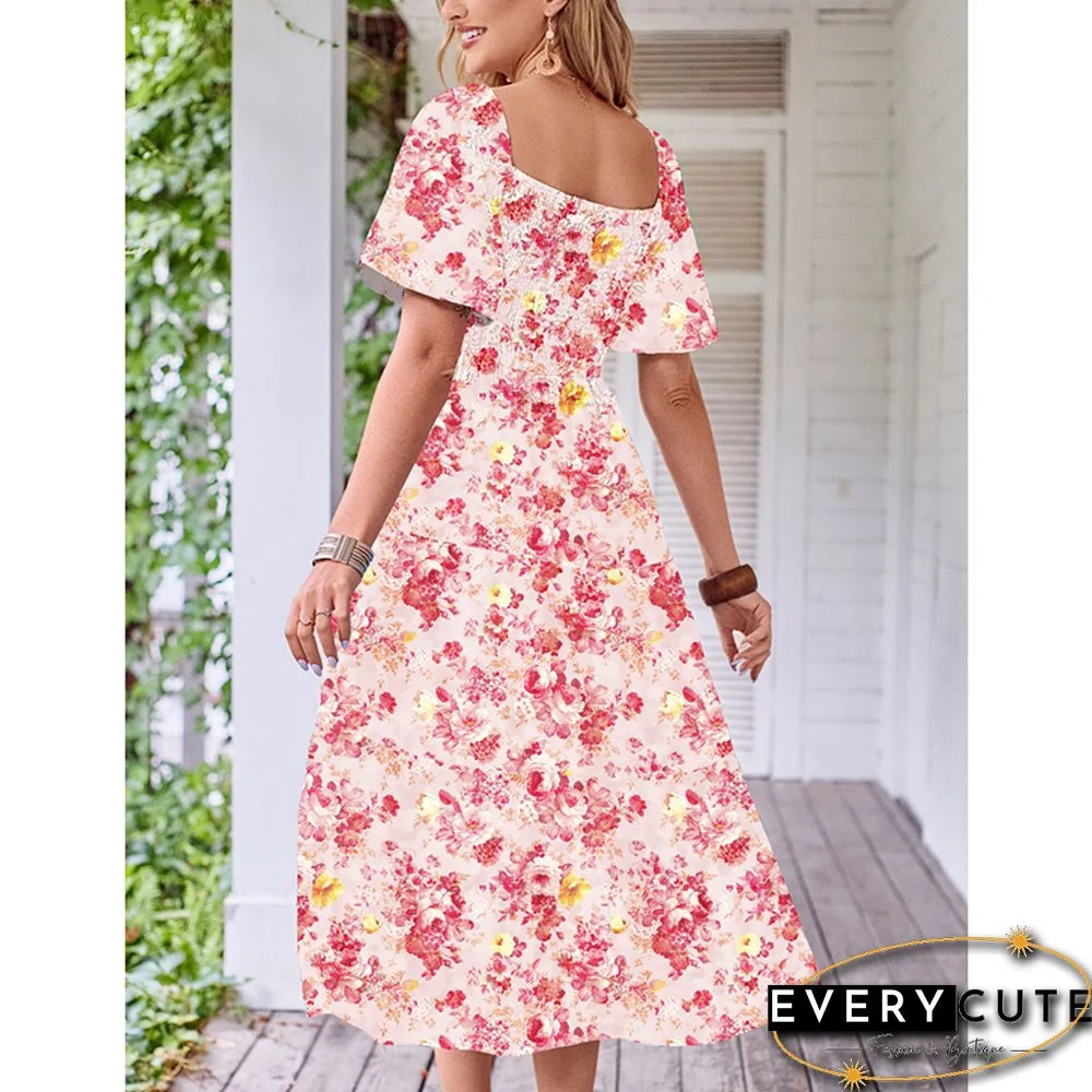 Light Pink Puff Sleeves Back Pleated Floral Dress
