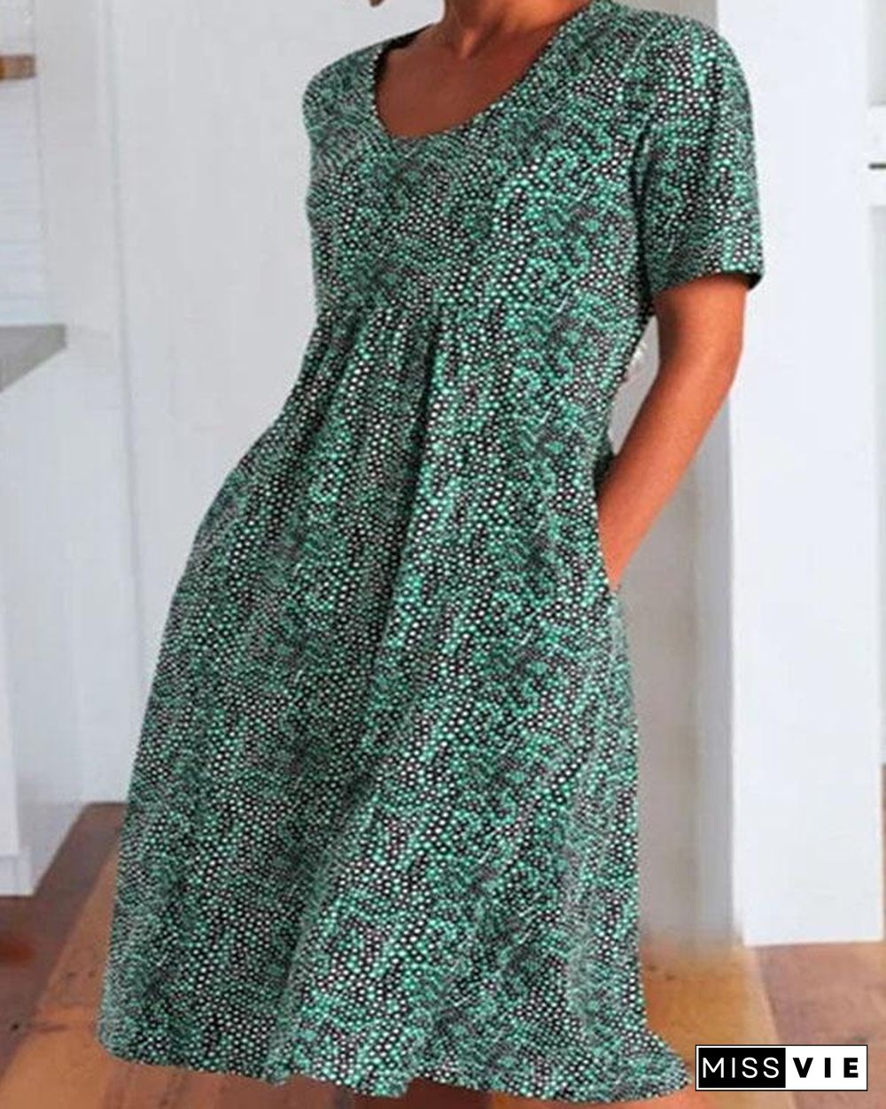 Summer Printed Midi Dress Crew Neck Dresses
